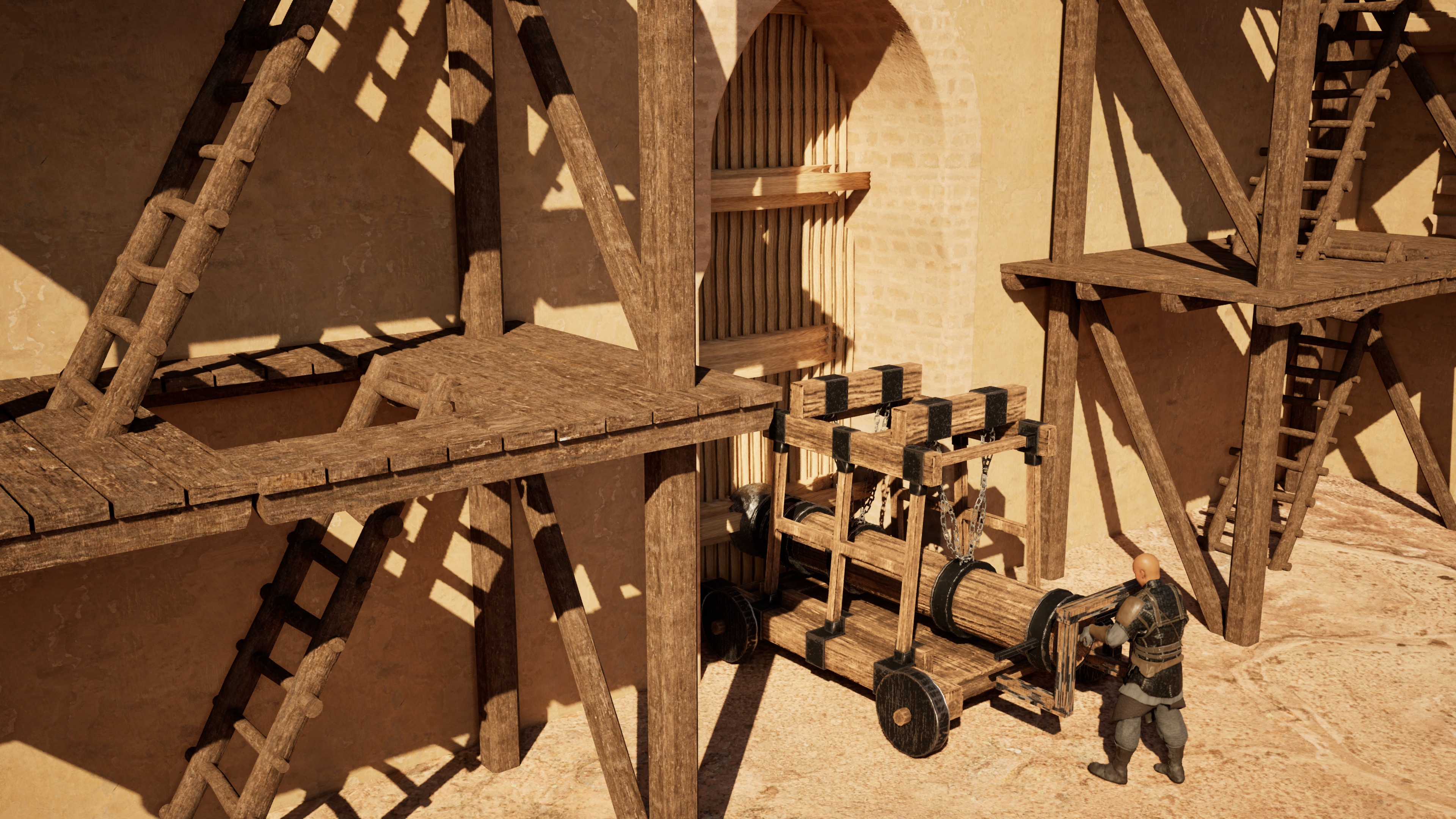 Siege equipment at the castle gates, captured in the development build of Nomad Conquest